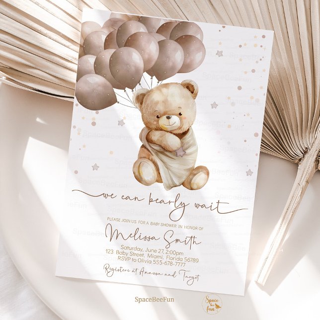 Teddy Bear Baby Shower We can bearly wait Invitation (teddy bear baby shower,baby shower theme,gender neutral baby shower,baby shower decorations,teddy be)