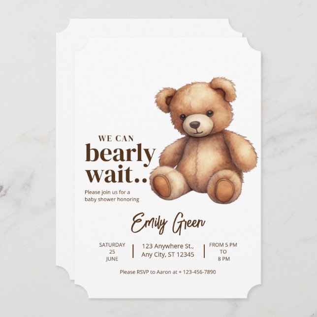Teddy Bear Baby Shower We Can Bearly Wait minimal (Front/Back)
