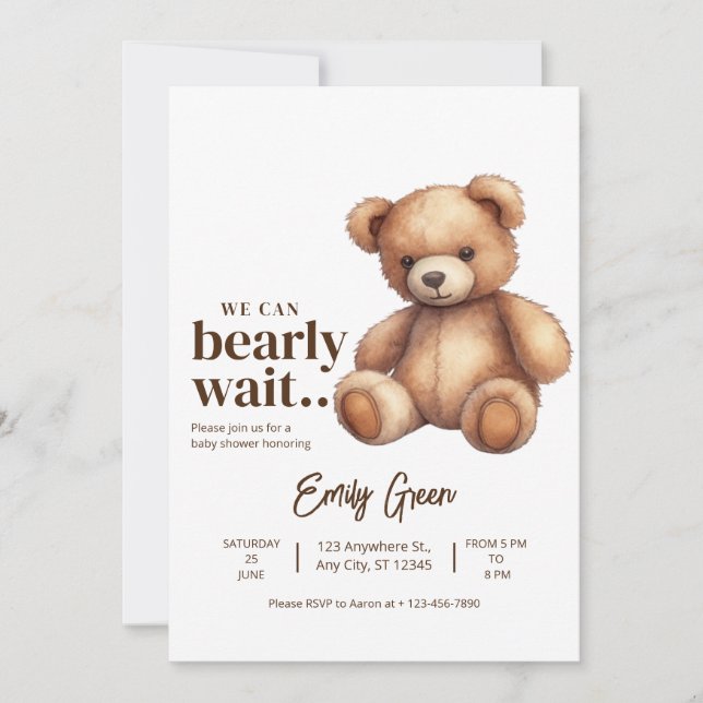 Teddy Bear Baby Shower We Can Bearly Wait minimal Invitation (Front)