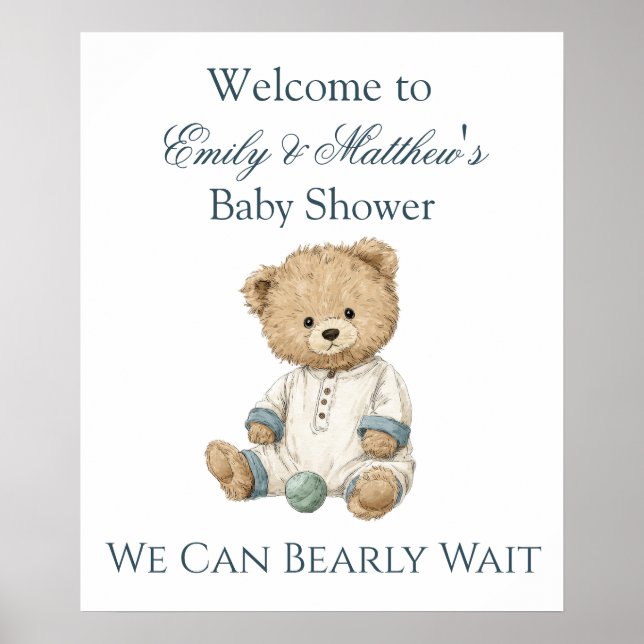 Teddy Bear Baby Shower Welcome Poster Bearly Wait  (Front)