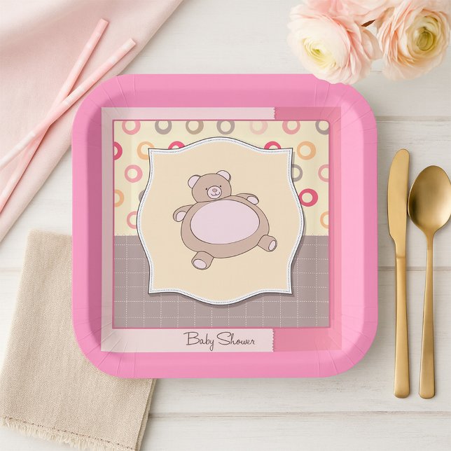 Teddy Bear Baby Shower with Retro Circles  Paper Plate (Creator Uploaded)