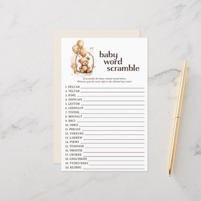 Teddy Bear Baby Shower Word Scramble Game (Front/Back In Situ)