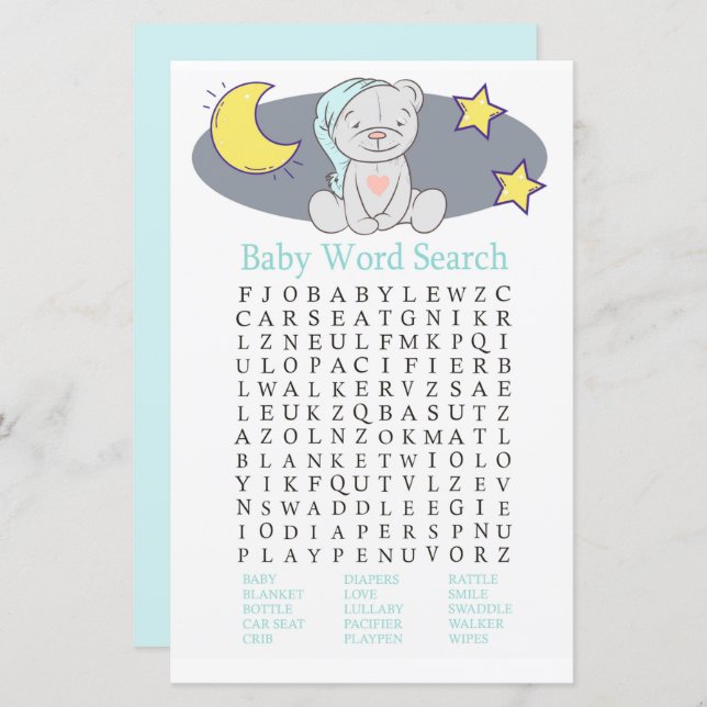 Teddy bear Baby Shower Word Search Game (Front/Back)