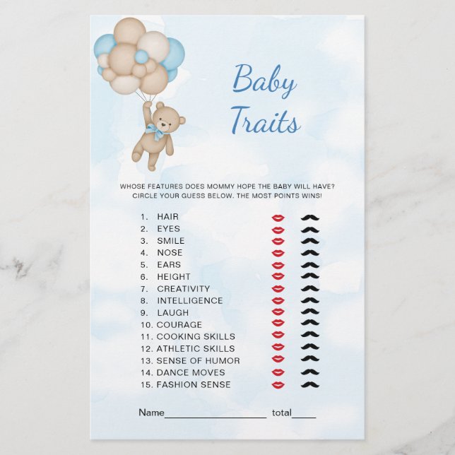 Teddy Bear Baby Traits Game (Front)