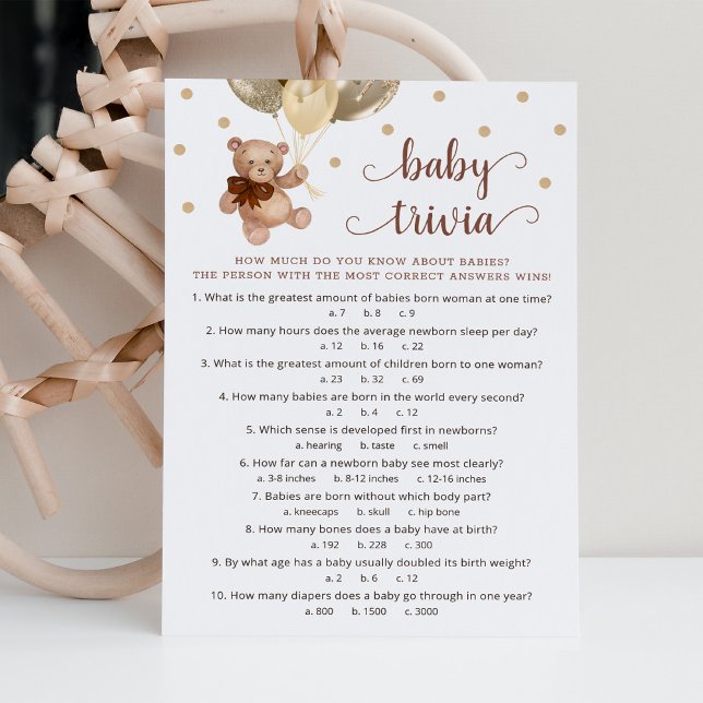 Teddy Bear Baby Trivia Baby Shower Game Card (Creator Uploaded)