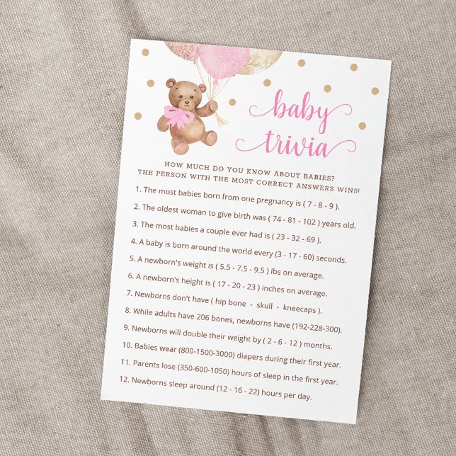 Teddy Bear Baby Trivia Baby Shower Game Card (Creator Uploaded)