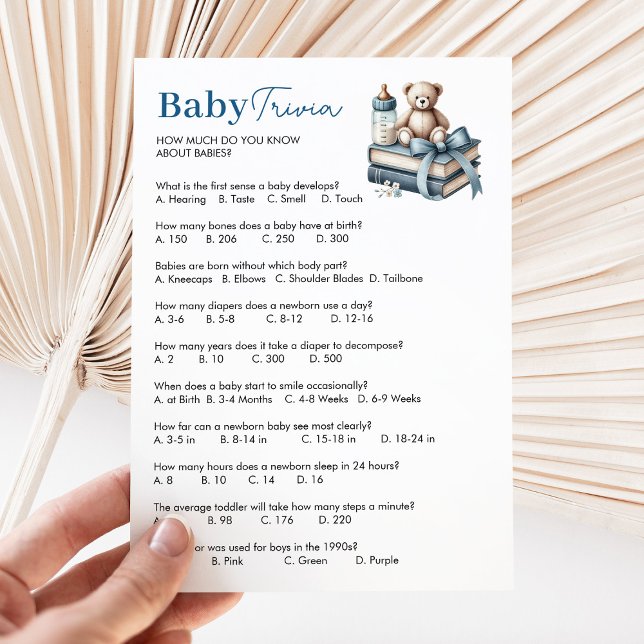 Teddy Bear Baby Trivia Boy Baby Shower Game Card (Creator Uploaded)