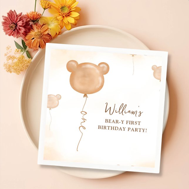 Teddy Bear Balloon 1st Birthday Party Napkin (Creator Uploaded)
