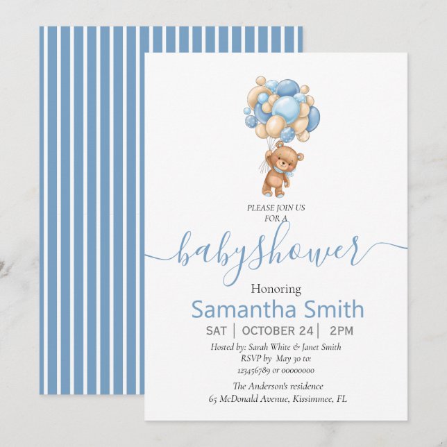 Teddy Bear Balloon Baby Shower Invitation (Front/Back)