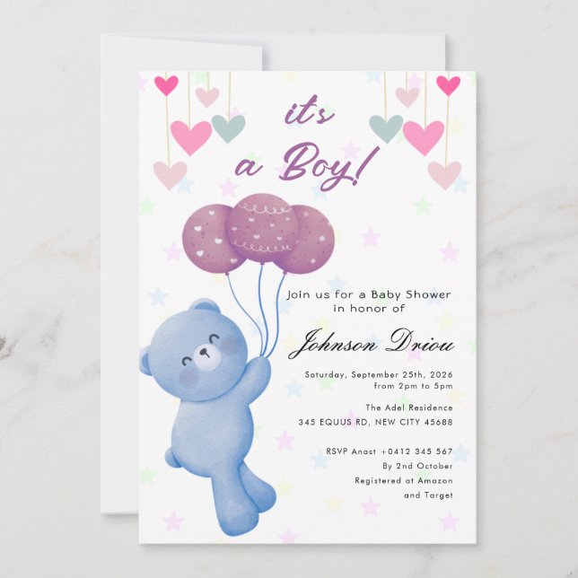 teddy bear balloon baby shower invitation (Front)