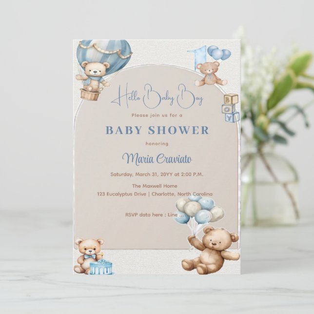 Teddy Bear Balloon Baby Shower Invitation (Standing Front)
