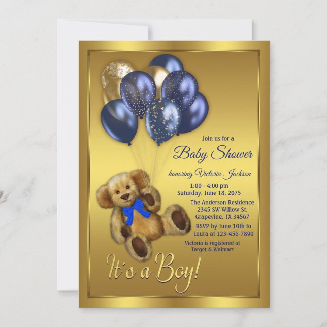 Teddy Bear Balloon Baby Shower Invitation (Front)