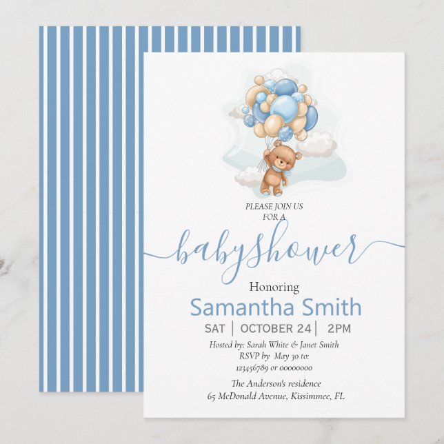 Teddy Bear Balloon Baby Shower Invitation (Front/Back)