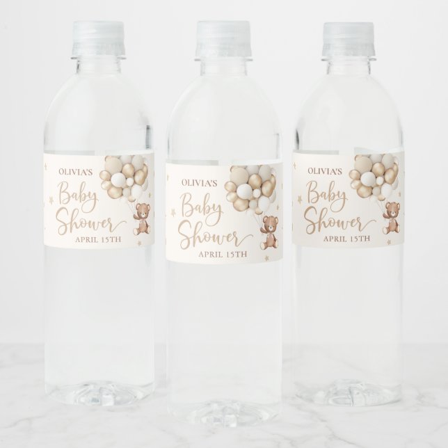 Teddy Bear Balloon Baby Shower Water Bottle Label (Bottles)