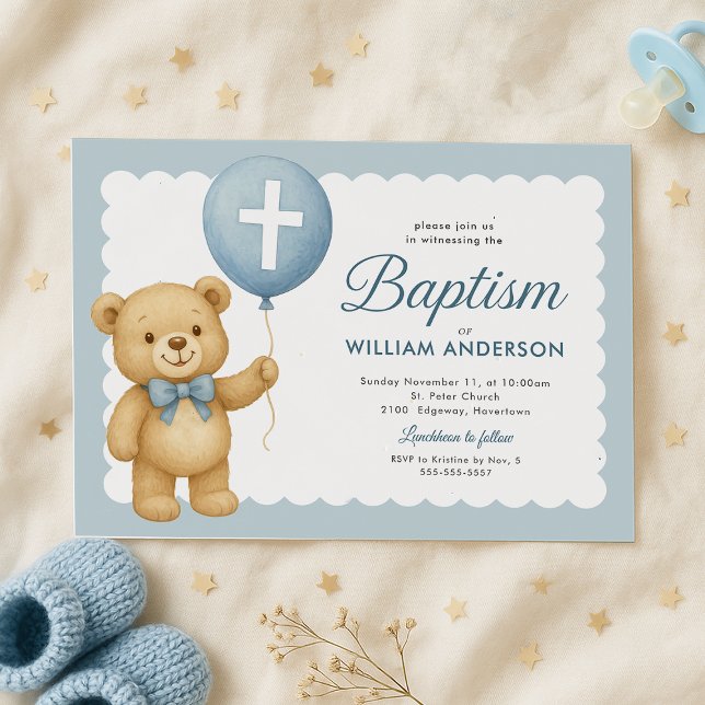 Teddy Bear Balloon Baptism Invitation (Adorable teddy bear baptism invite in a soft-blue theme, featuring cross and scalloped edges.)