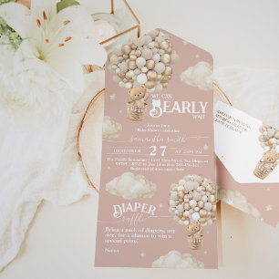 Teddy Bear Balloon Bearly Wait Baby Girl Shower All In One Invitation