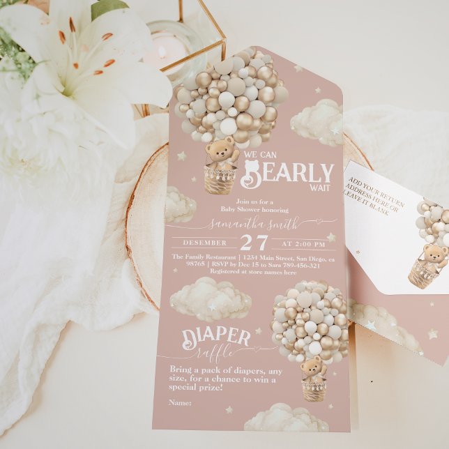 Teddy Bear Balloon Bearly Wait Baby Girl Shower All In One Invitation (Creator Uploaded)