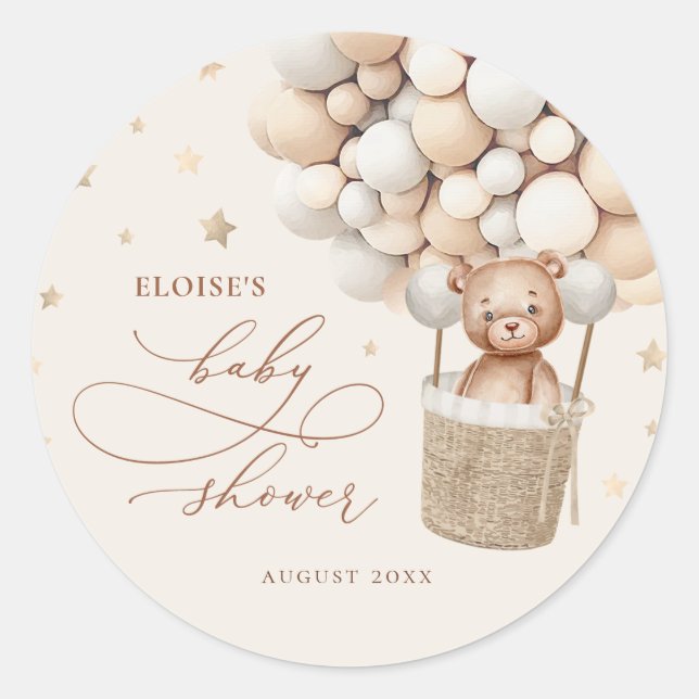 Teddy Bear Balloon Bearly Wait Baby Shower Favour  Classic Round Sticker (Front)