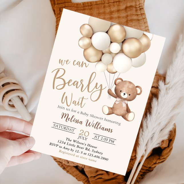 Teddy Bear Balloon Bearly Wait Baby Shower Invitation (Creator Uploaded)