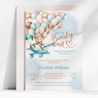 Teddy Bear Balloon Bearly Wait Baby Shower Invitation