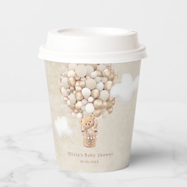 Teddy Bear Balloon Bearly Wait Baby Shower Paper Cups (Front)