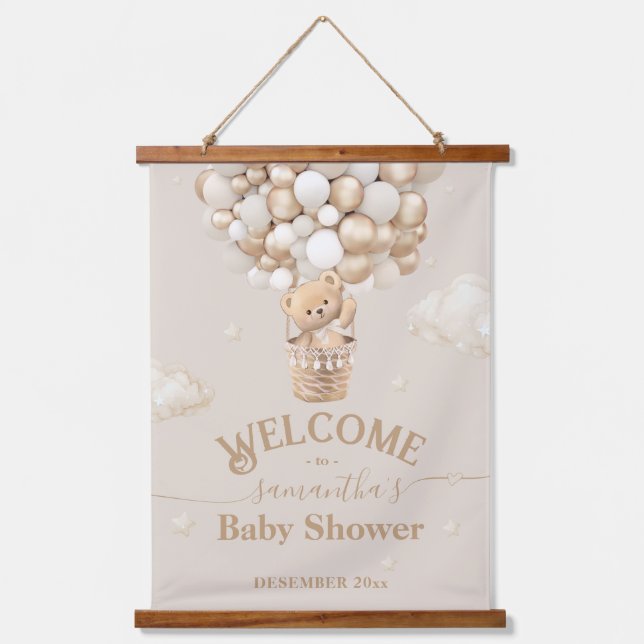 Teddy Bear Balloon Bearly Wait Baby Shower welcome Hanging Tapestry (Front)
