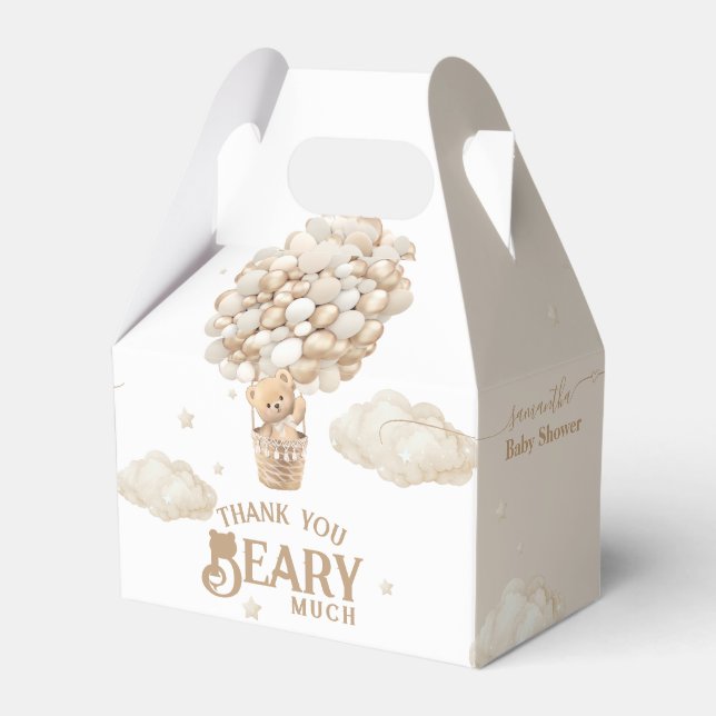 Teddy Bear Balloon Bearly Wait neutral Baby Shower Favour Box (Front Side)