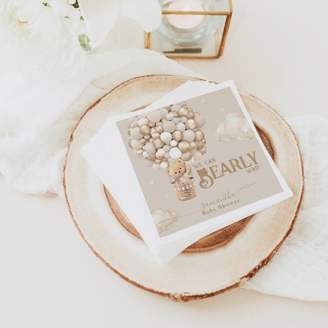 Teddy Bear Balloon Bearly Wait neutral Baby Shower Napkin (Creator Uploaded)