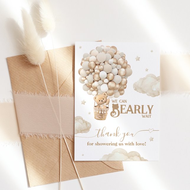 Teddy Bear Balloon Bearly Wait neutral Baby Shower Thank You Card (Creator Uploaded)