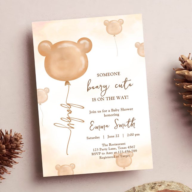 Teddy Bear Balloon Beary Cute Boho Baby Shower Invitation (Creator Uploaded)