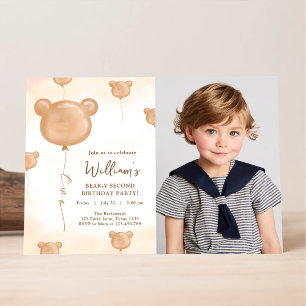 Teddy Bear Balloon Beary Second Birthday Party Invitation