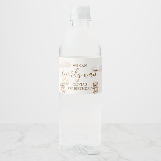 Teddy Bear Balloon Birthday Water Bottle Label (Front)