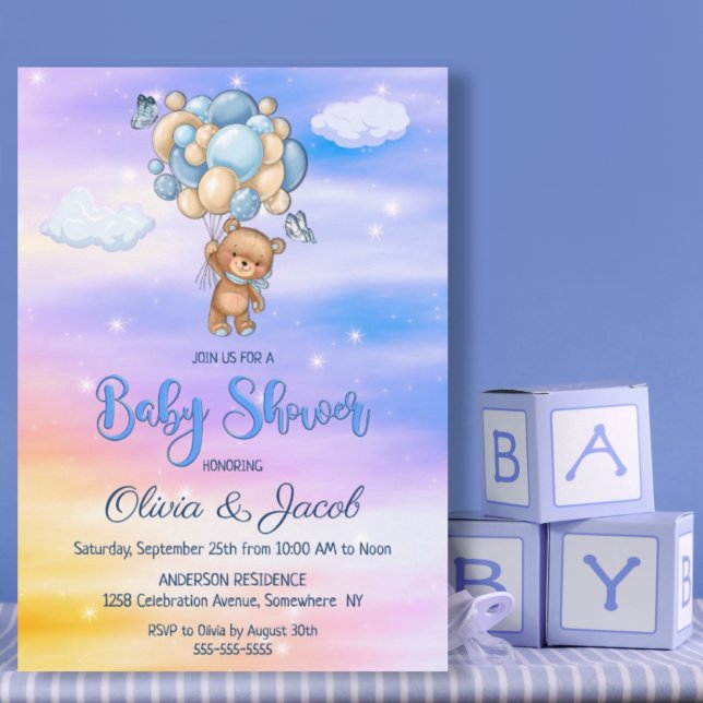 Teddy Bear Balloon Blue Baby Shower Invitation (Creator Uploaded)