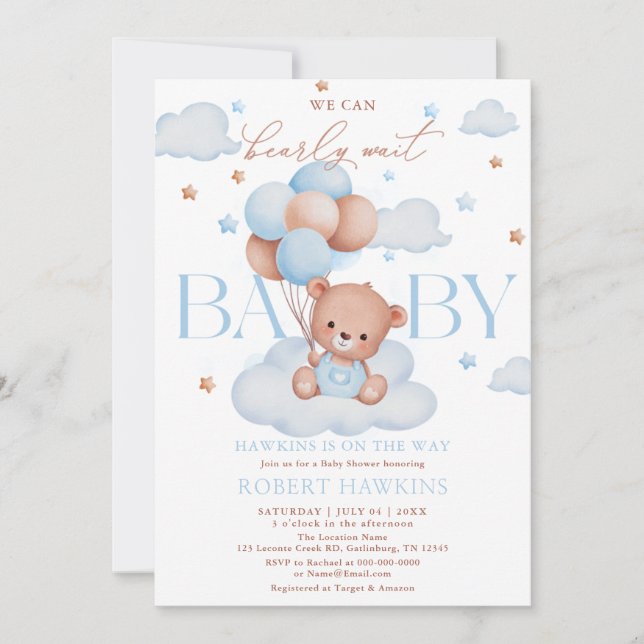 Teddy Bear Balloon Blue Bearly Wait Baby Shower Invitation (Front)