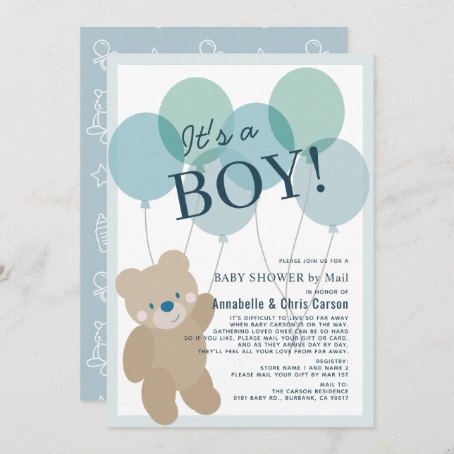Teddy Bear Balloon Blue Boy Baby Shower by Mail Invitation (Front/Back)