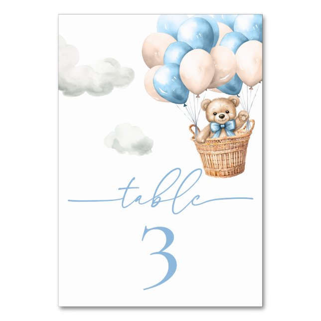 Teddy Bear Balloon Blue Boy Baby Shower Table Number (Front)