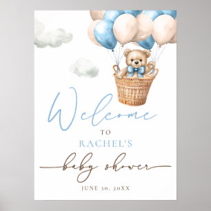 Teddy Bear Balloon Blue Boy Baby Shower Welcome Poster