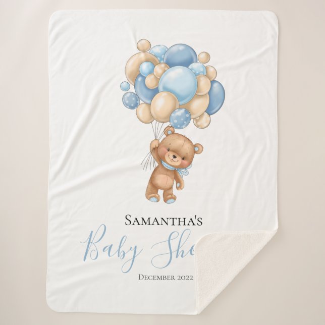 Teddy Bear Balloon Blue  Sherpa Blanket (Front)