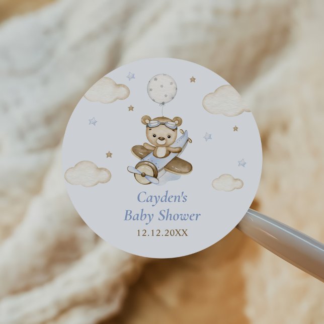 Teddy Bear Balloon Boy Bearly Wait Baby Shower Classic Round Sticker (Creator Uploaded)