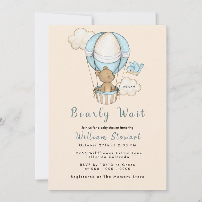 Teddy Bear Balloon Boy Bearly Wait Baby Shower Invitation (Front)