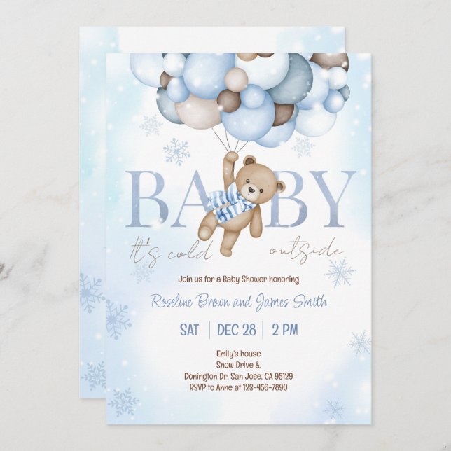 Teddy Bear Balloon Boy Bearly Wait Baby Shower Invitation (Front/Back)