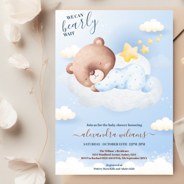 Teddy Bear Balloon Boy Bearly Wait Baby Shower Invitation (Creator Uploaded)