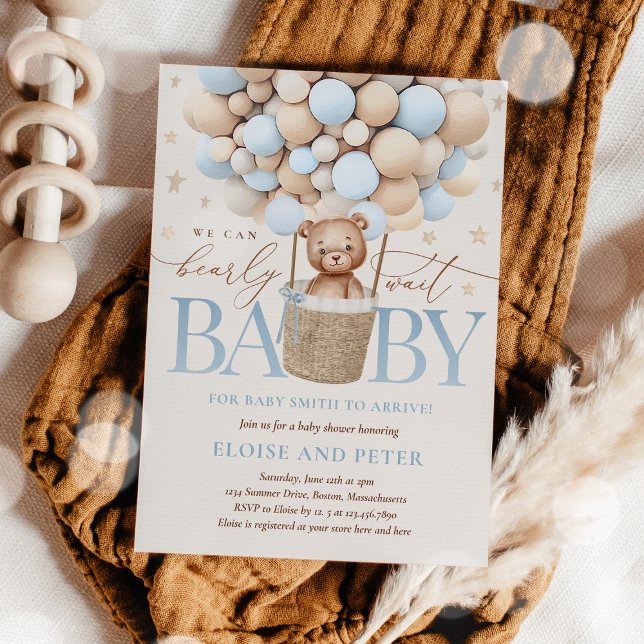 Teddy Bear Balloon Boy Bearly Wait Baby Shower Invitation (Creator Uploaded)