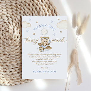 Teddy Bear Balloon Boy Bearly Wait Baby Shower Thank You Card