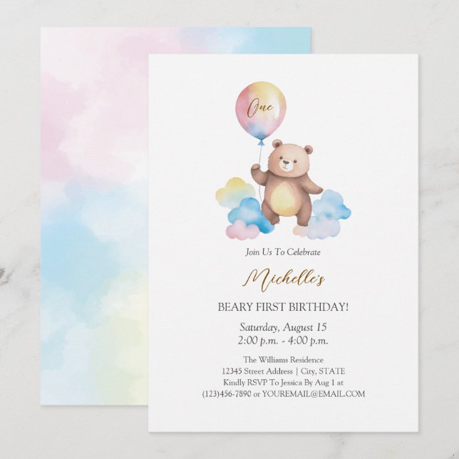 Teddy Bear Balloon Clouds Beary First Birthday Invitation (Front/Back)