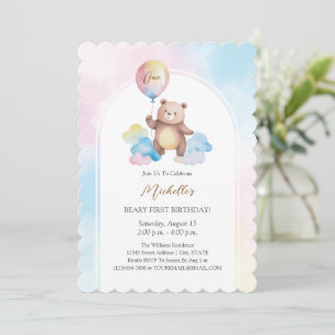 Teddy Bear Balloon Clouds Beary First Birthday Invitation