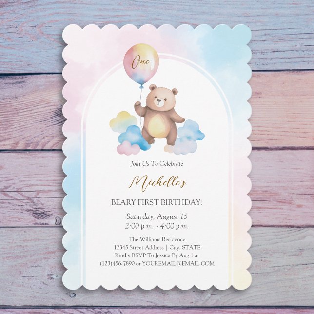 Teddy Bear Balloon Clouds Beary First Birthday Invitation (Creator Uploaded)