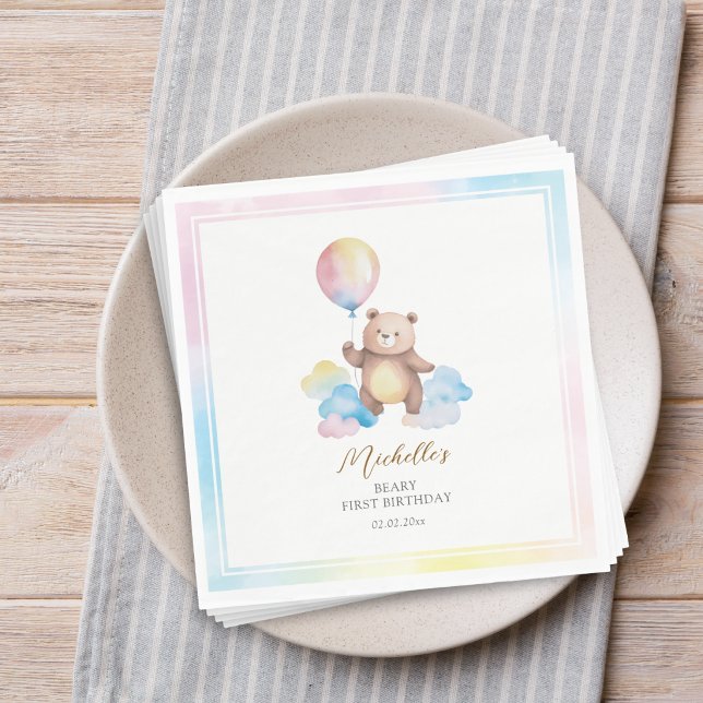 Teddy Bear Balloon Clouds Beary First Birthday Napkin (Creator Uploaded)