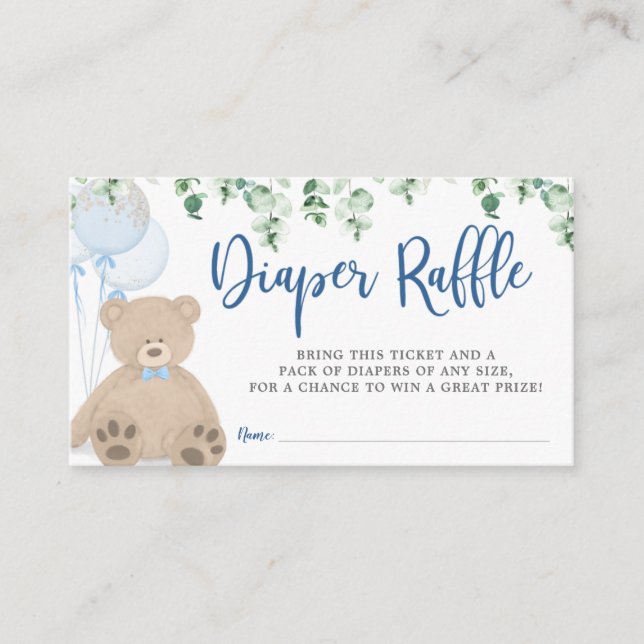 Teddy Bear Balloon Eucalyptus Diaper Raffle Ticket Enclosure Card (Front)