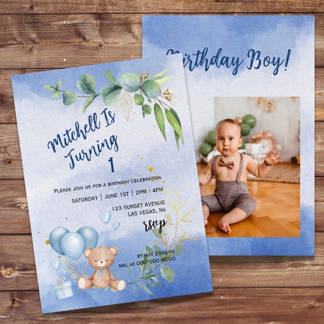 Teddy Bear Balloon Eucalyptus First Birthday Photo Invitation (Creator Uploaded)